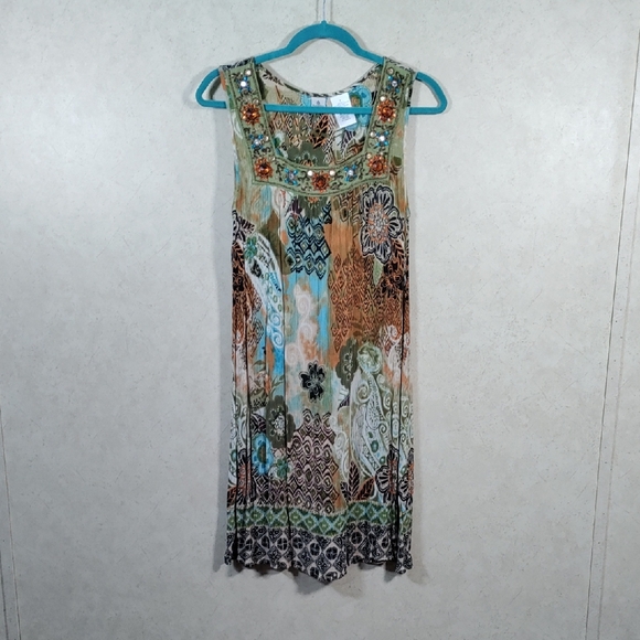 08093 Forbidden green, brown, aqua, & rust crinkle sleeveless dress S - Picture 1 of 10